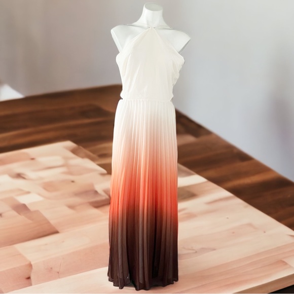 rachel roy pleated ombre dress Rachel Rachel Roy Womens Brown Cut Out Zippered Pleated Ombre Sleeveless V Neck Maxi Party Fit + Flare Dress 8